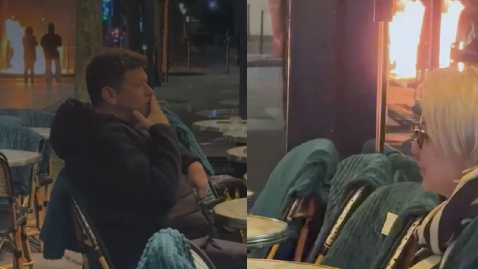 Paris couple calmly sip drinks as fire burns behind them amid riots: Watch